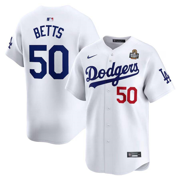 Los Angeles Dodgers #50 Mookie Betts White 2024 World Series Home Limited Cool Base Stitched Jersey